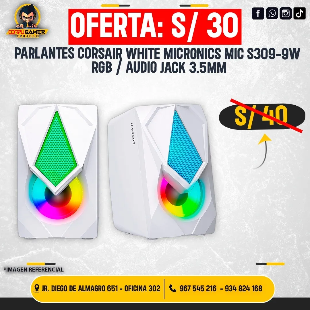 PARLANTES MICRONICS CORSAIR MIC S309-9W WHITE RGB, AUDIO JACK 3.5MM