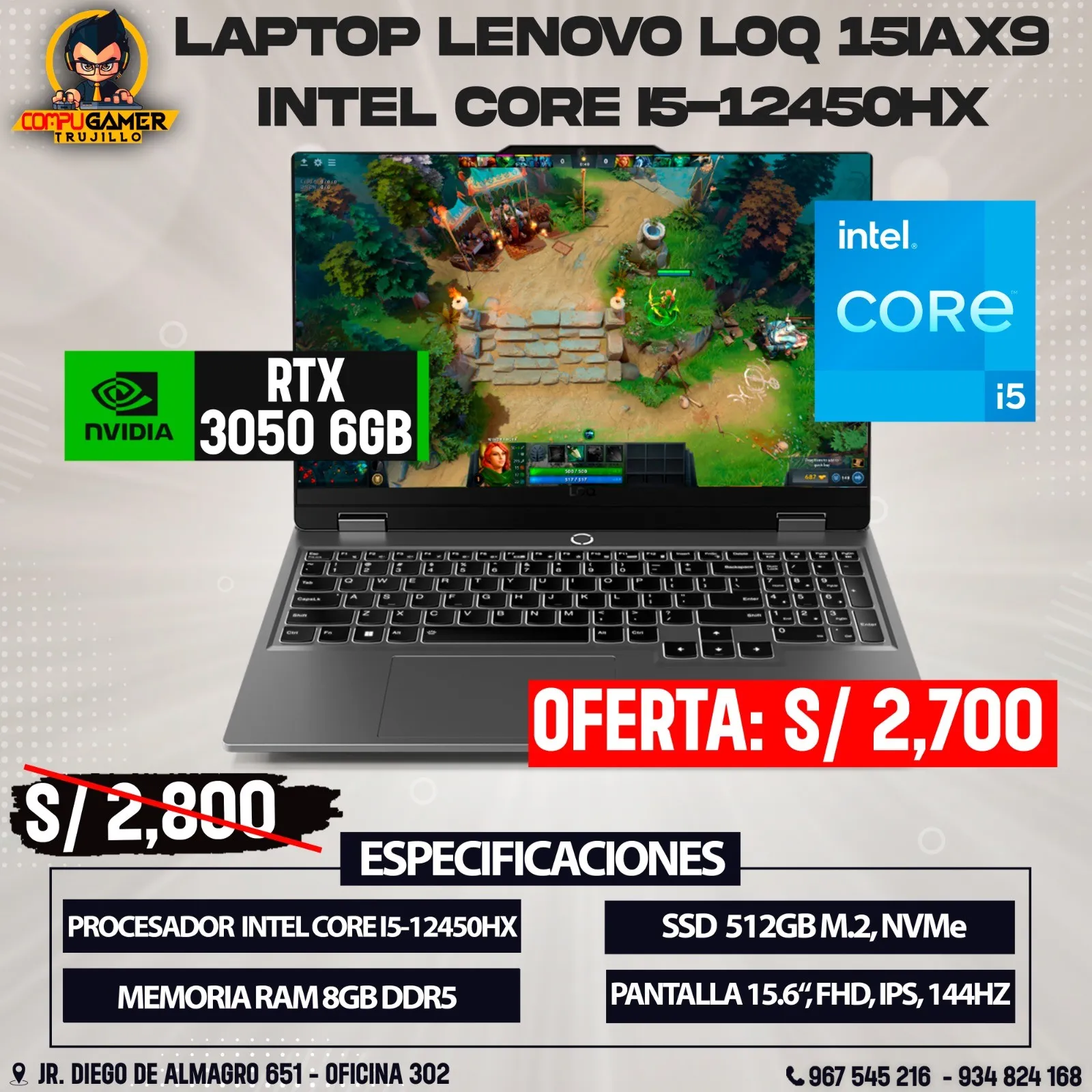 LAPTOP LENOVO LOQ INTEL CORE I5-12450HX, RTX 3050 6GB, RAM 8GB, SSD 512GB, PANTALLA 15.6"