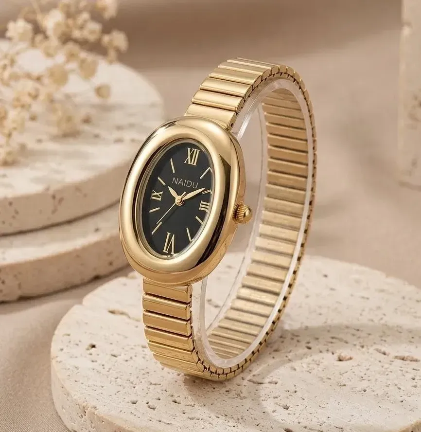 Reloj Naidu Original Acero Análogo Ovalado Dorado Fondo Negro