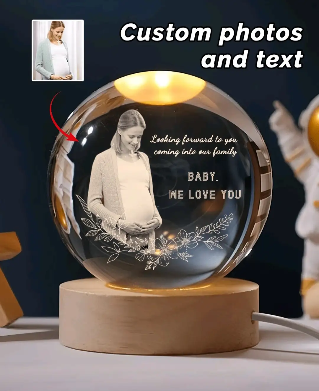 1 pieza, Luz de noche de bola de cristal LED personalizada - Lámpara de foto personalizada para decoración del hogar y la oficina | Regalo ideal para parejas, padres y seres queridos en ocasiones especiales, Bola de cristal con foto personalizada, Luz de noche con foto personalizada 3
