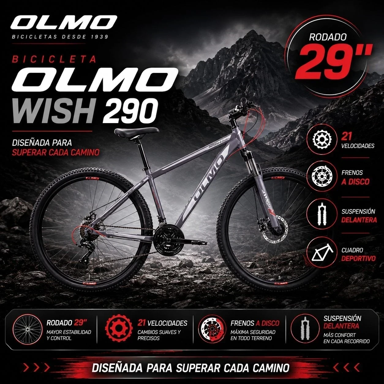 BICICLETA OLMO WISH 290 RODADO 29" NARANJA Y NEGRO