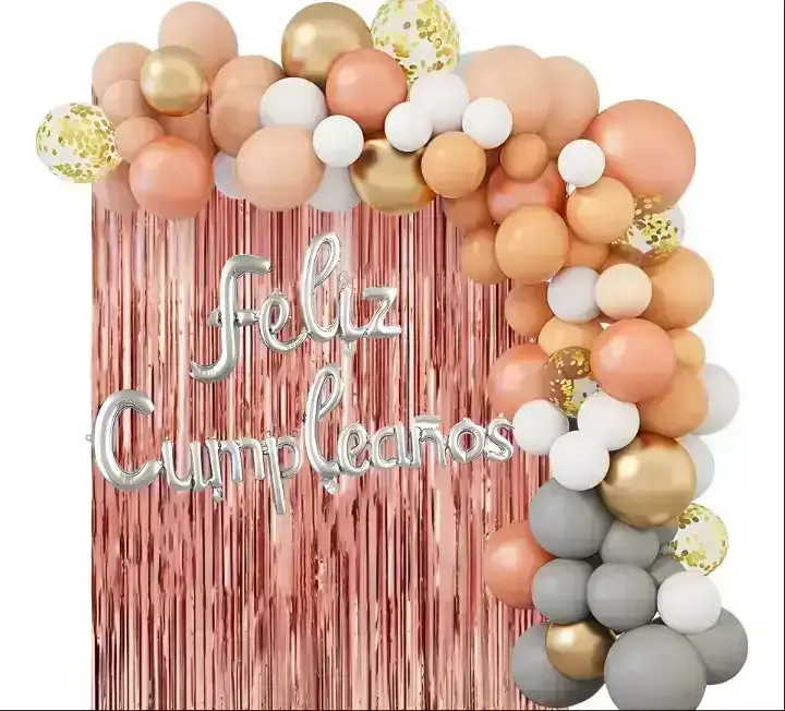Set super guirnalda globos con cortina metalizada feliz cumpleaños rosa/ plata 68 pcs