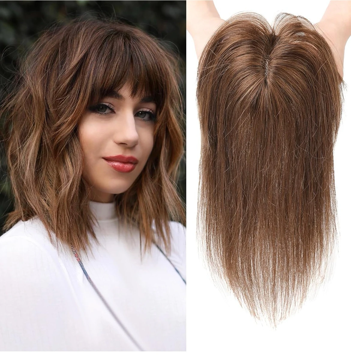 Toppers de cabello humano real para mujer, 12 pulgadas con flequillo, adorno para el cabello para mujeres con cabello fino, color marrón