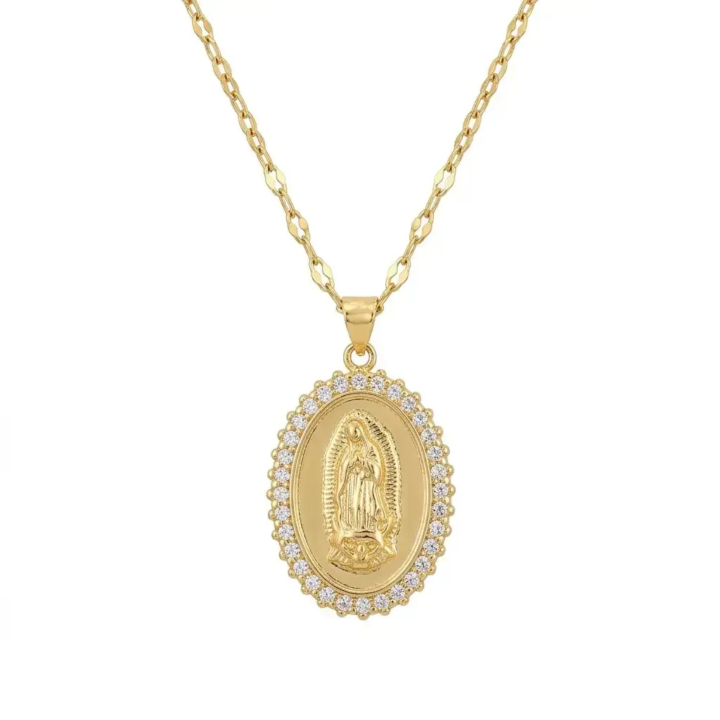Cadena Y Dije En Acero Con Piedra Circon De Virgen De Guadalupe Blanca