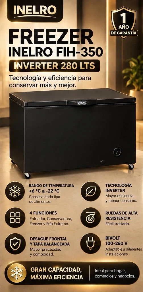 FREEZER INELRO FIH-350 INVERTER 280 LTS NEGRO