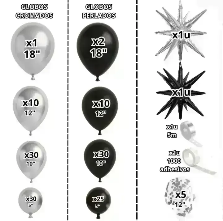 Set guirnalda globos chrome/metalizado negro y plata 145 pcs 2