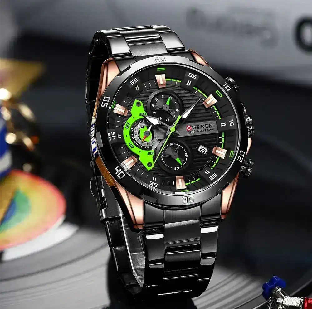 Reloj Curren Original Acero Cronografo 8402 Negro Cobrizo Fondo Negro Detalles Verdes Fluorescente 4
