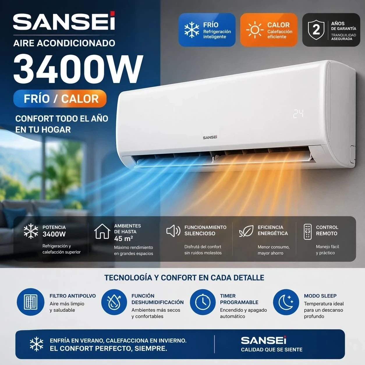  *AIRE ACONDICIONADO SANSEI 3400W FRIO/CALOR*