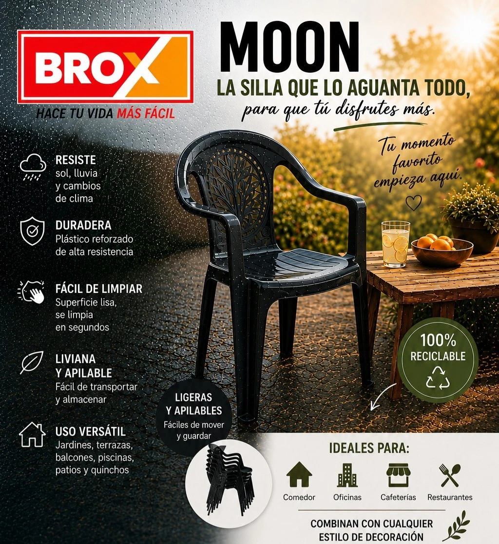 SILLA PLASTICA MOON NEGRO APOYABRAZO