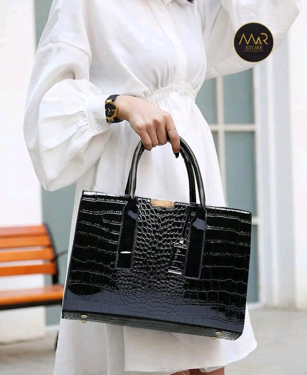 Bolso amplio elegante de piel sintética de cocodrilo negra