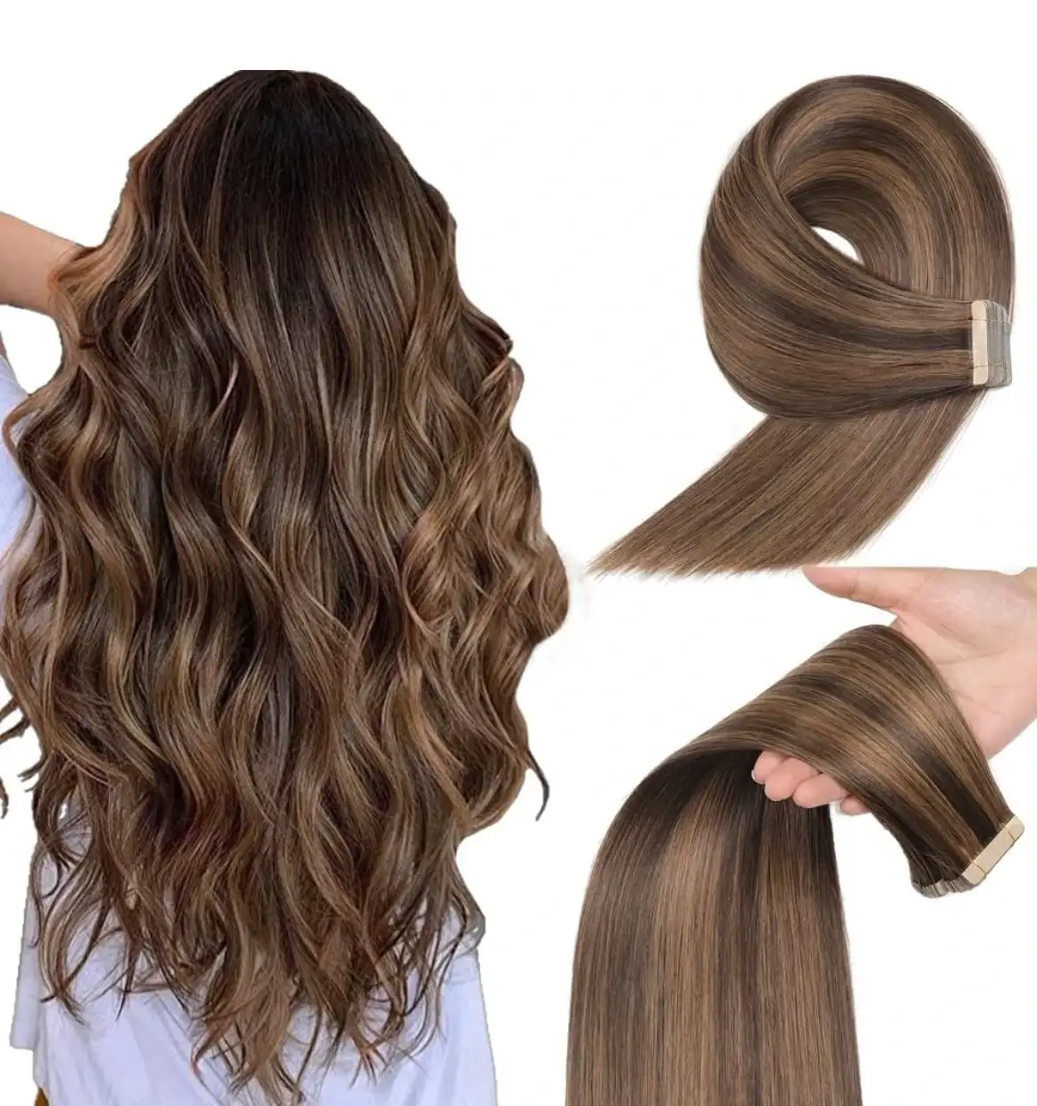 Extensiones de cabello humano con cinta color marrón oscuro con reflejos castaño,20 pulgadas,  20 unidades