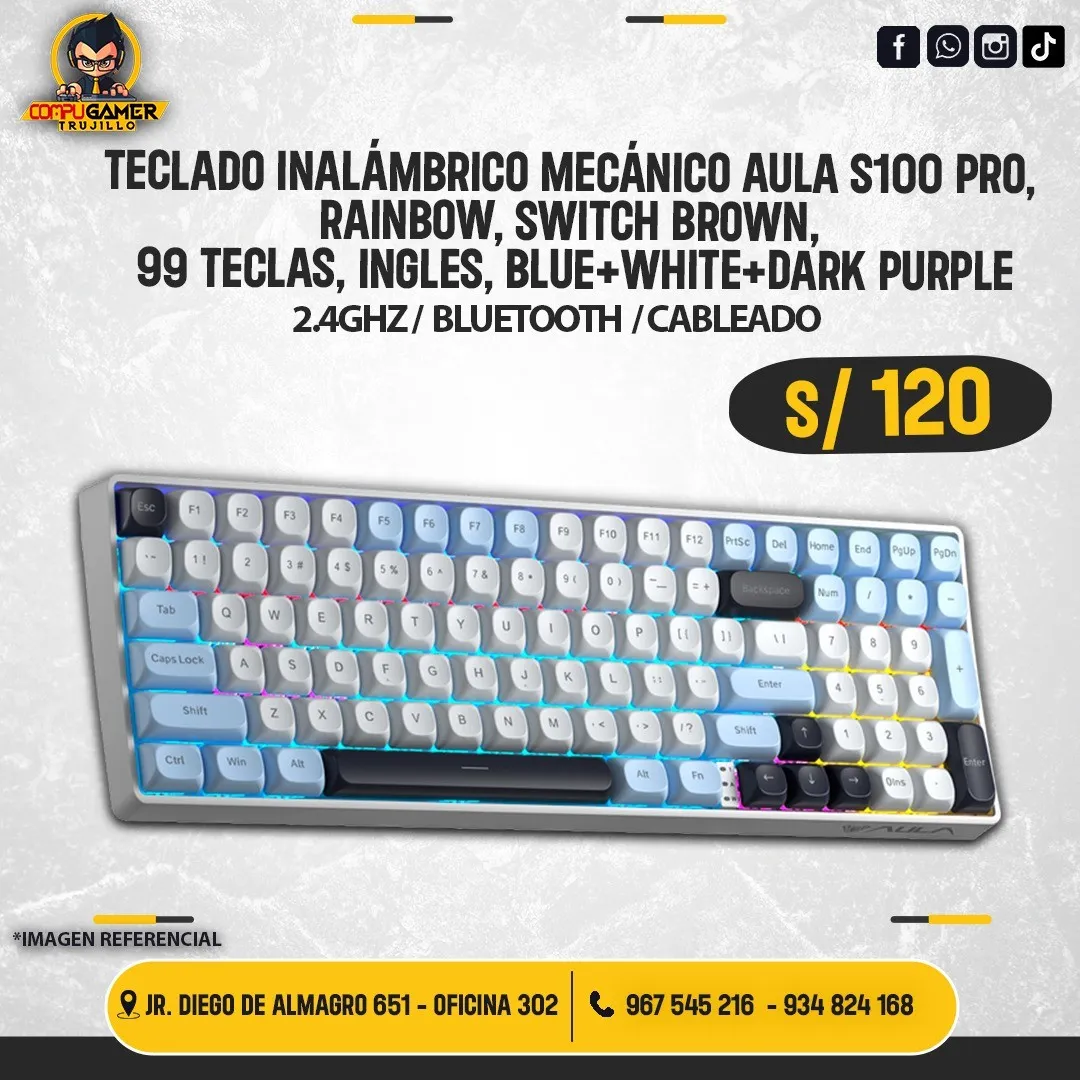 TECLADO INALÁMBRICO MECÁNICO AULA S100 PRO, RAINBOW, SWITCH RED, 99 TECLAS, INGLÉS, BLUE+WHITE+DARK+PURPLE