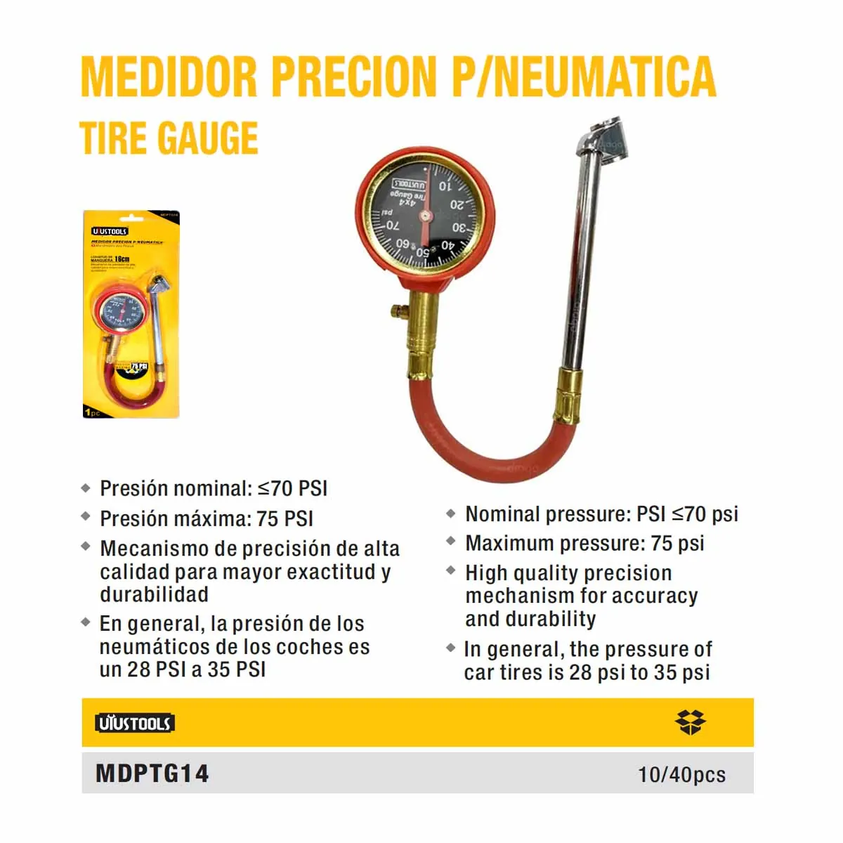 MEDIDOR de PRESION P/NEUMATICO c/reloj UYUST 16 CM 75 PSI
