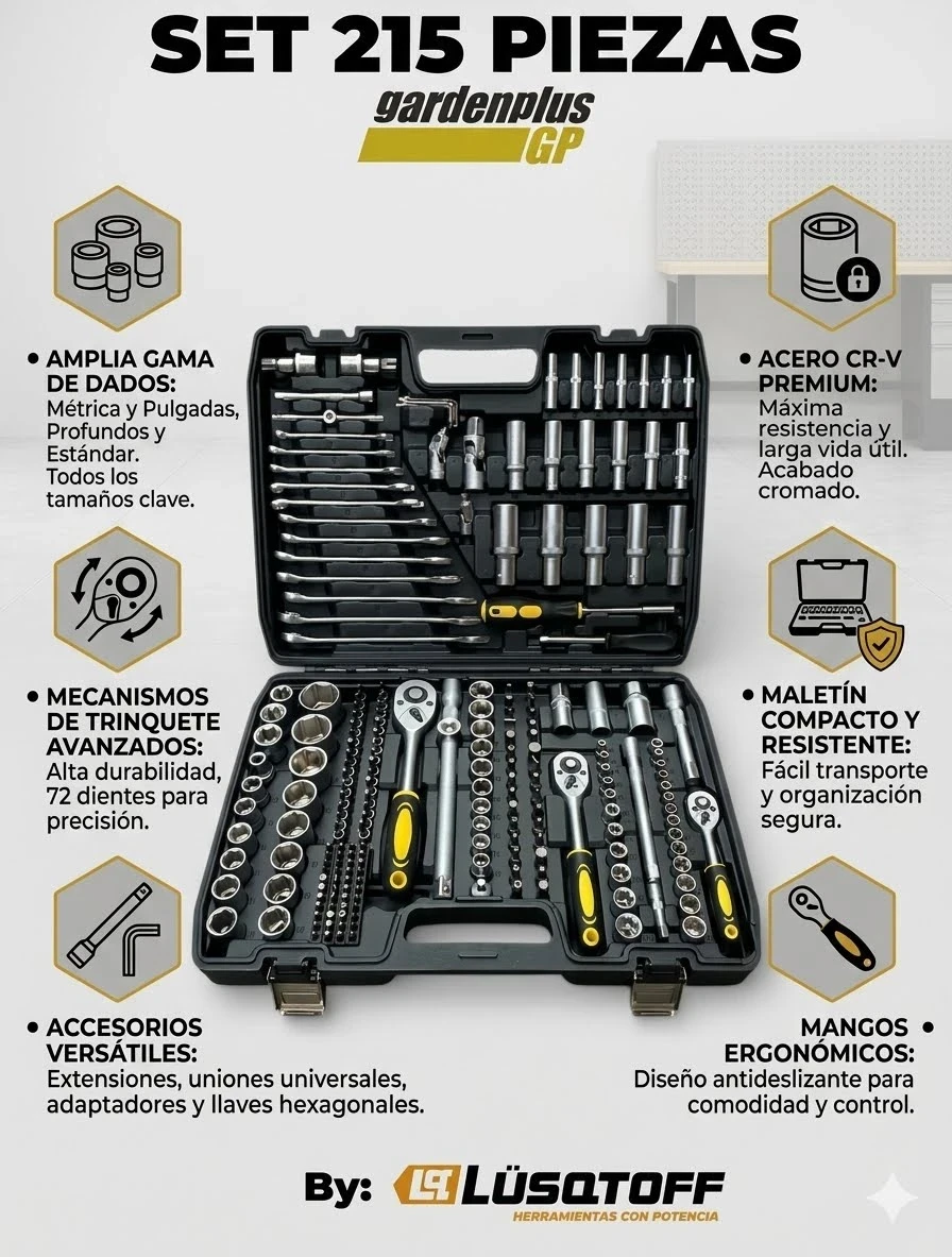 Kit De Herramientas Manuales Garden Plus SET215 Juego De 215 Piezas De Tubos