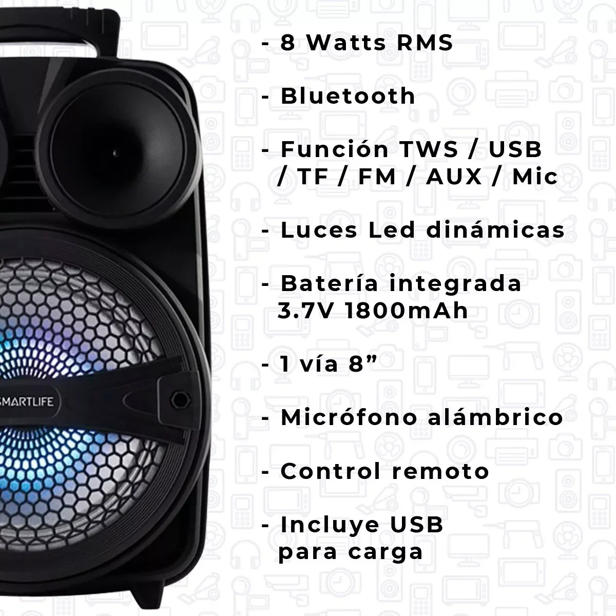 Parlante Portatil Inalambrico Smartlife Party Box Pb10808 8w 5