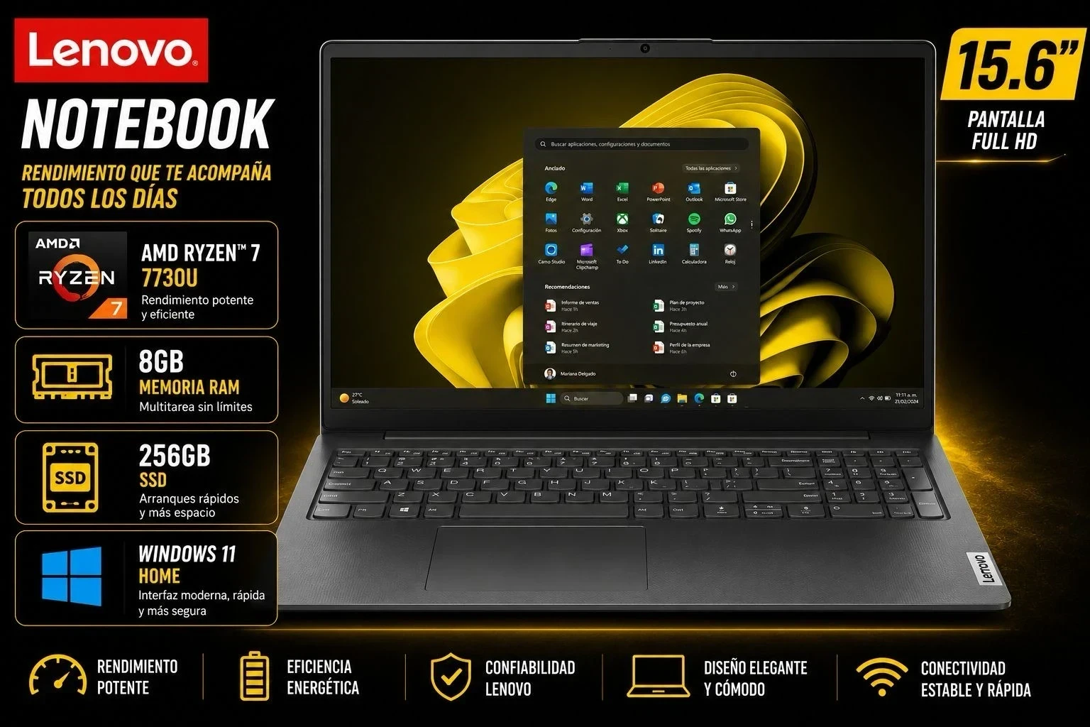 Notebook Lenovo 15.6" (Amd Ryzen 7-7730u | 8Gb Ram | 256Gb Ssd | Windows 11