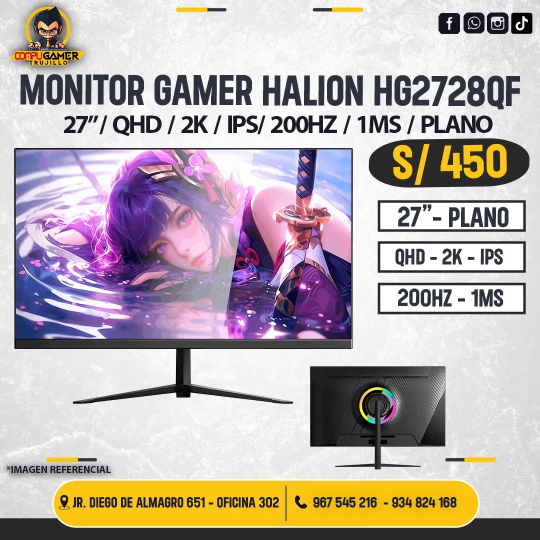 MONITOR GAMER HALION HG2728QF, 27", QHD, 2K, IPS, 200HZ, 1MS, PLANO