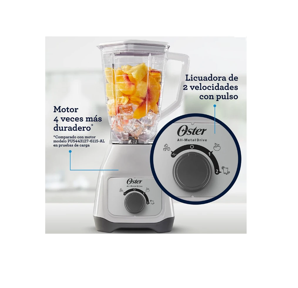 Licuadora Oster, 2 Velocidades, Jarra Plastica de  1.5 Litro, Color Blanco 2