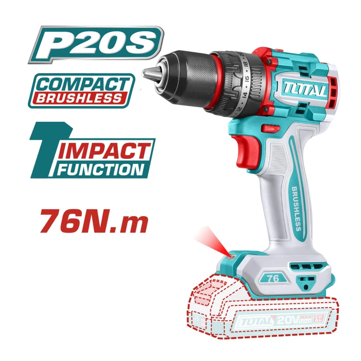 TIDLI20768 Taladro percutor 76nm + 2 baterías y cargador industrial total 2