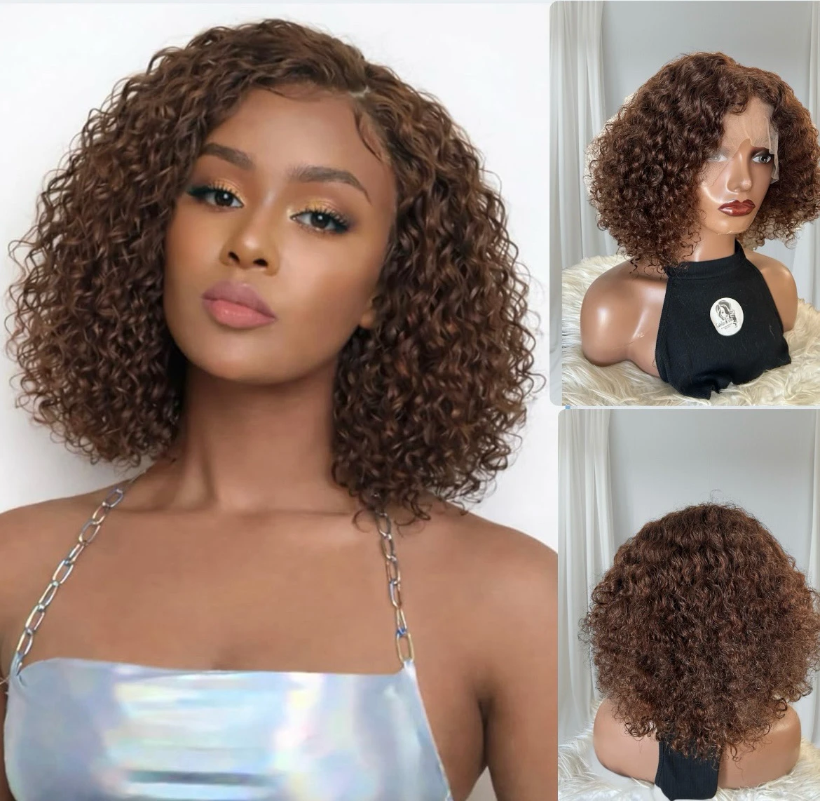 Peluca Rizada cabello humano de 14 pulgadas , color brown, frontal lace 13x4
