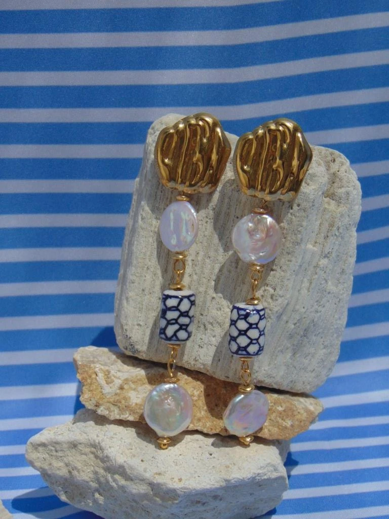 ARETES ACERO DOR LARGO PERLAS SHELL ROSA Y MEDITERRANEO 2