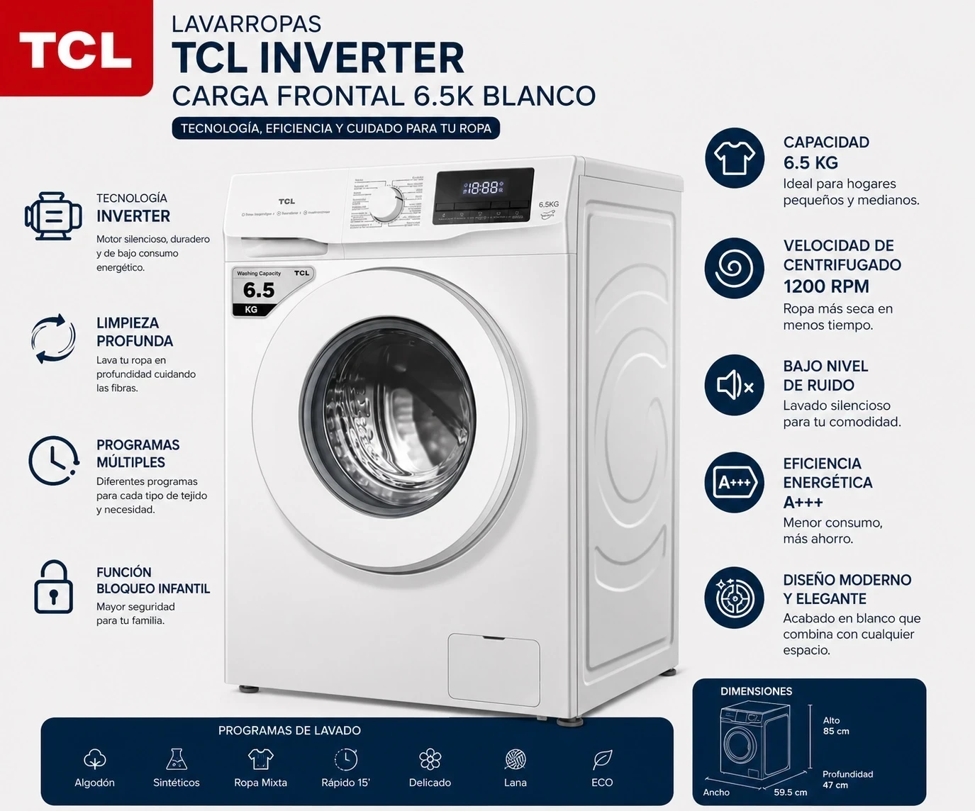LAVARROPAS TCL INVERTER CARGA FRONTAL 6.5K BLANCO