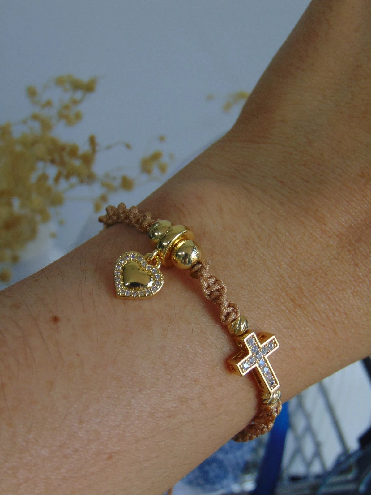 PULSERA RODIO DOR TEJIDA DIJES CORA Y CRUZ