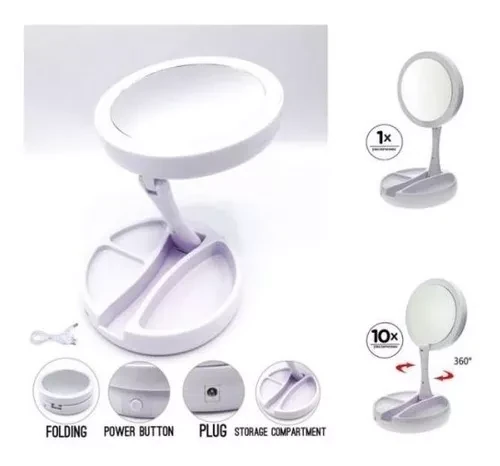 Espejo Aro Maquillaje Doble cara X10 Luz Led Usb Objetos Plegable