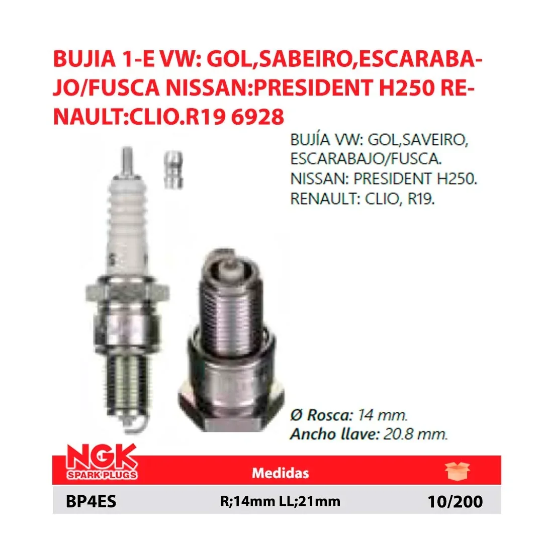 BUJIA 1-E VW: GOL,SABEIRO,ESCARABAJO/FUSCA NISSAN:PRESIDENT H250 RENAULT:CLIO.R19 6928 R;14mm LL;21mm