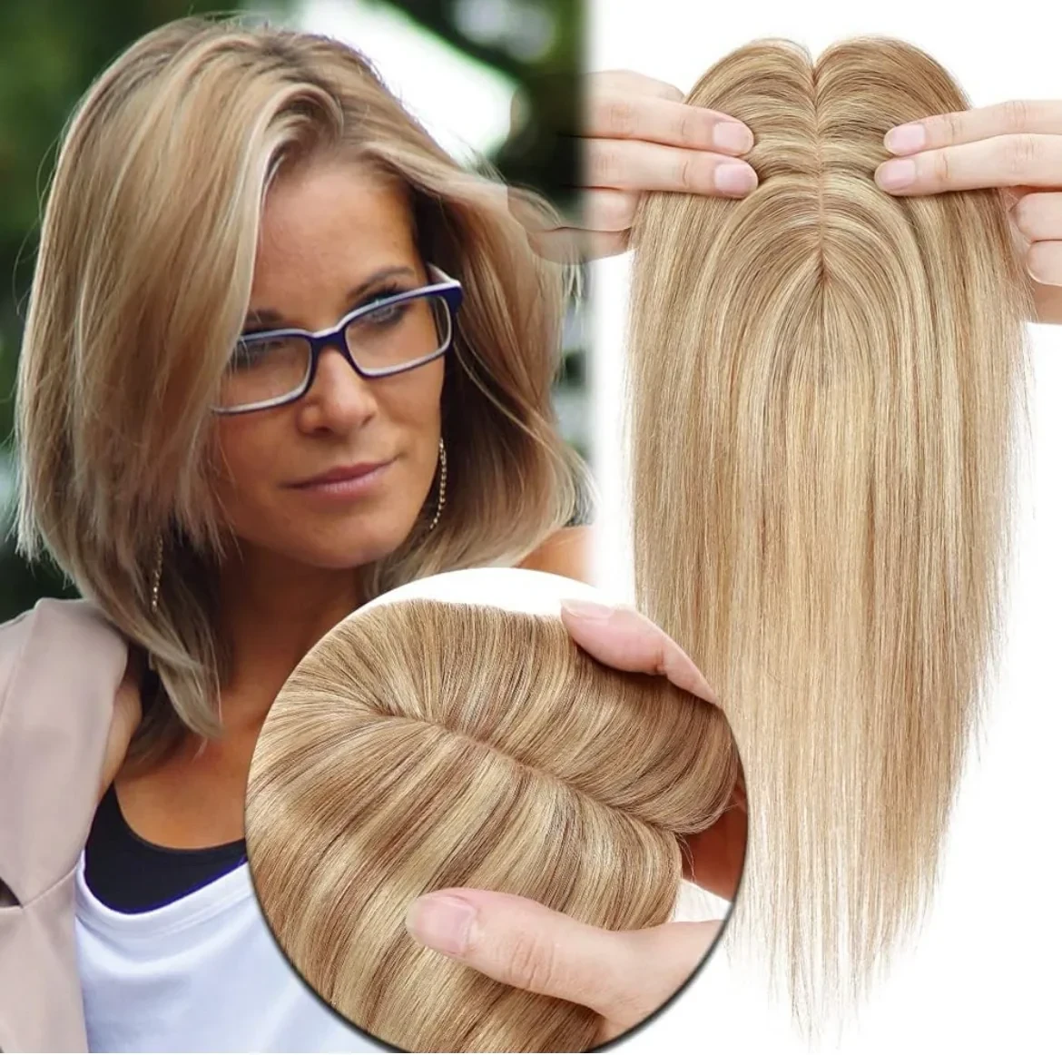  Toppers de cabello humano  cabello Remy real, densidad del 150%, 2.8 x 5.1 in, base de seda, sin flequillo, piezas de cabello lacio para cabello fino, 10”, #18/613 rubio