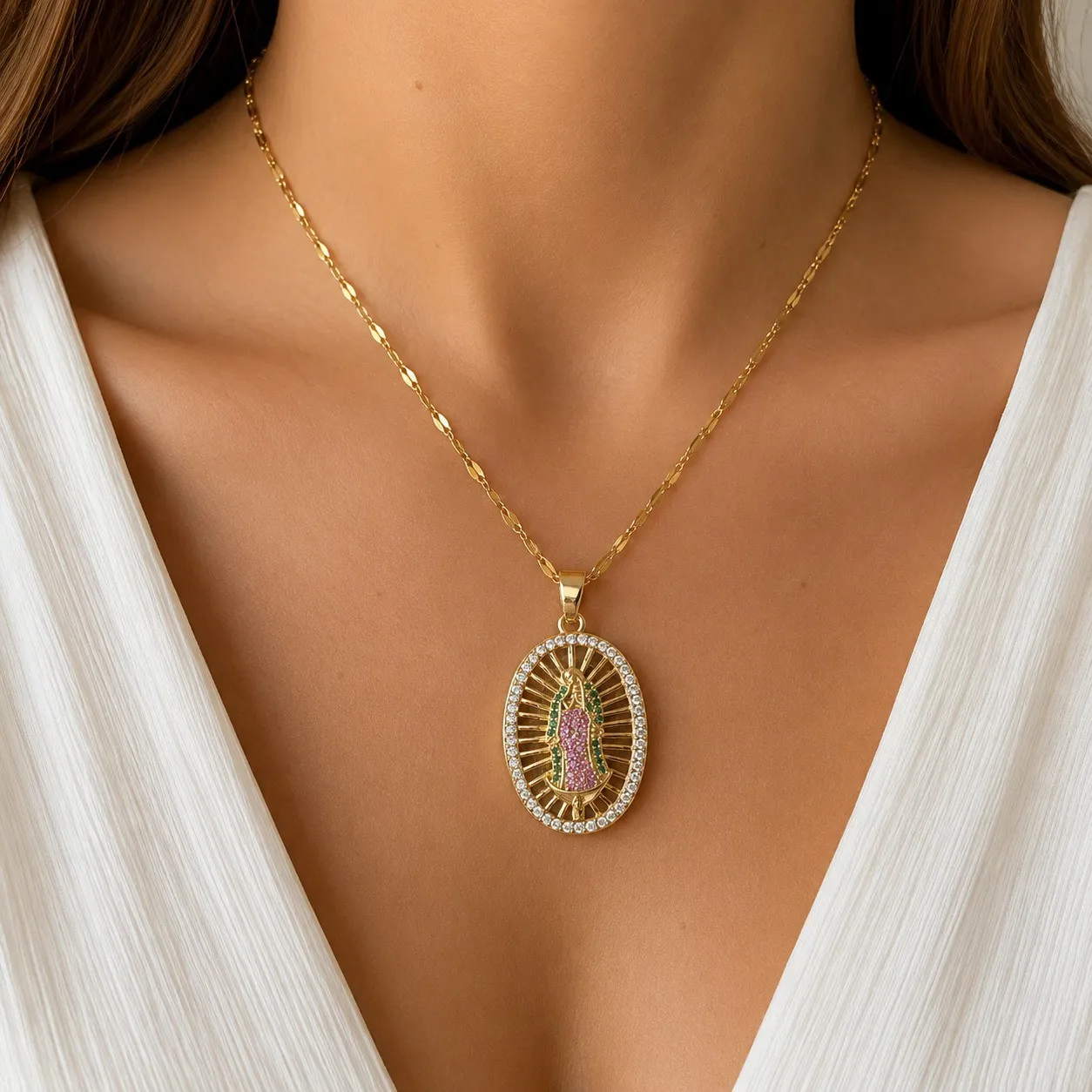 Cadena Y Dije En Acero Con Piedra Circon De Virgen De Guadalupe Colores 3