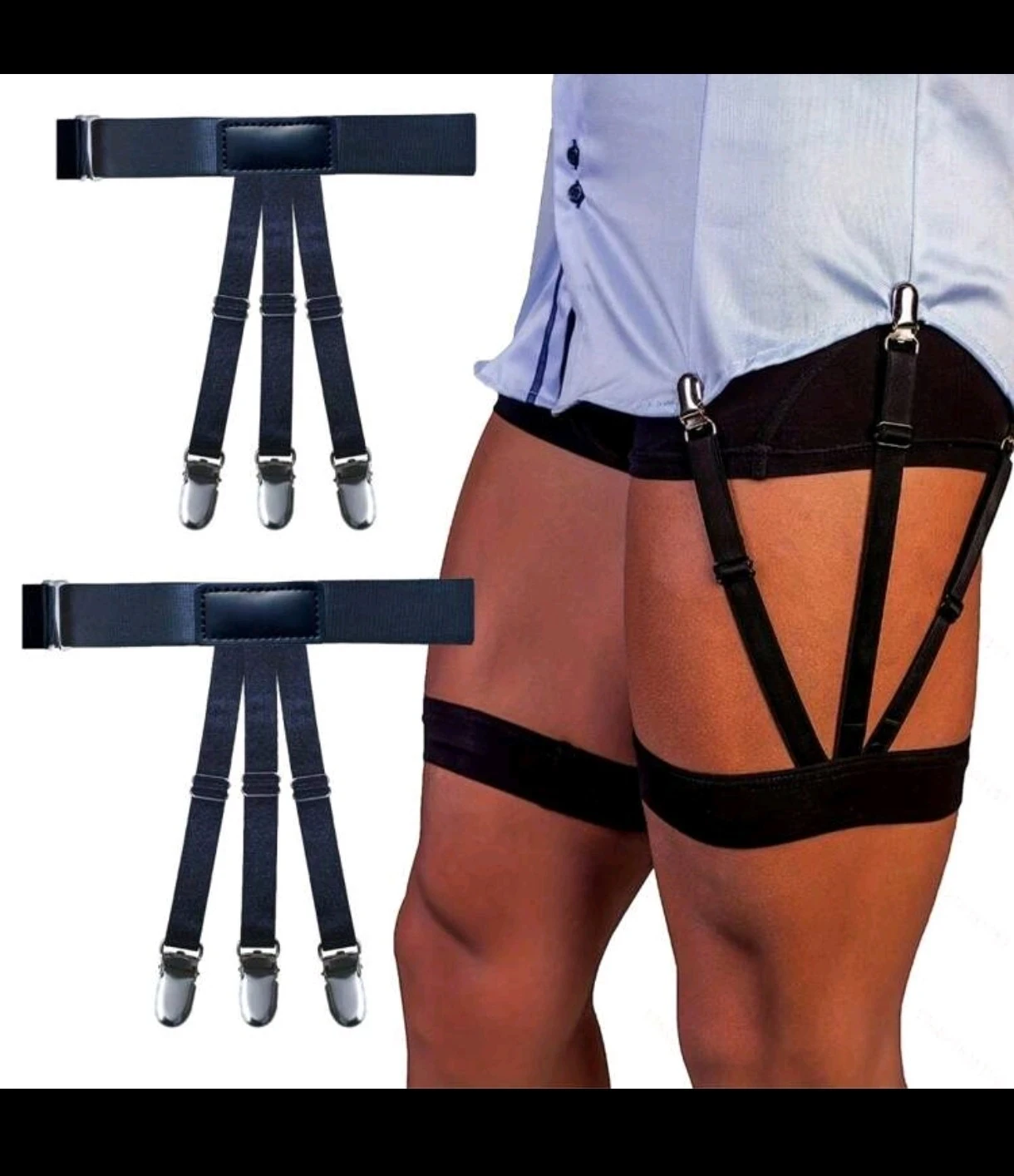 Par de Ligas Sujetadoras de Camisa – Tirantes Elásticos para Muslo con Clips Metálicos Antideslizantes