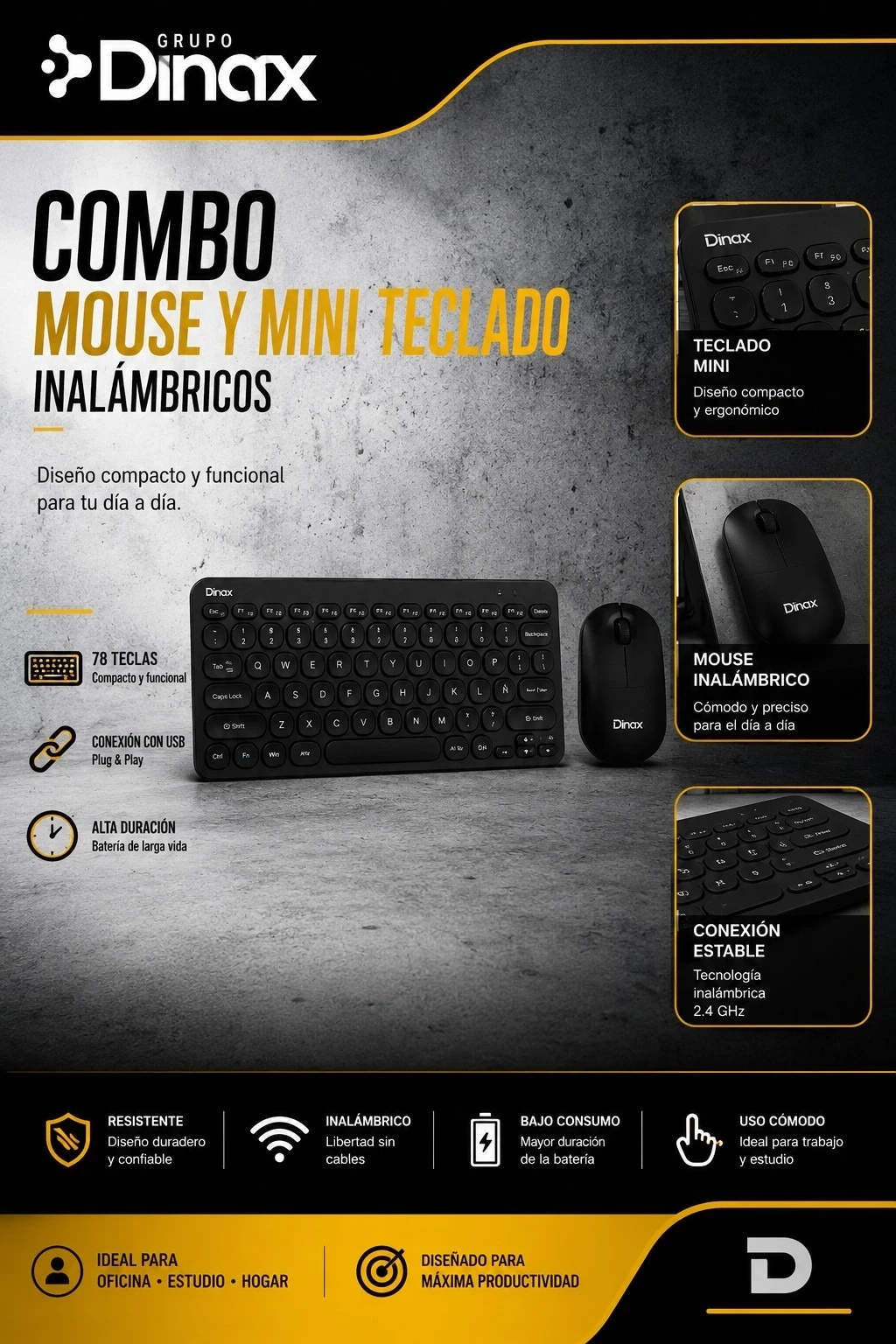 COMBO MOUSE + TECLADO INALAMBRICO DINAX 