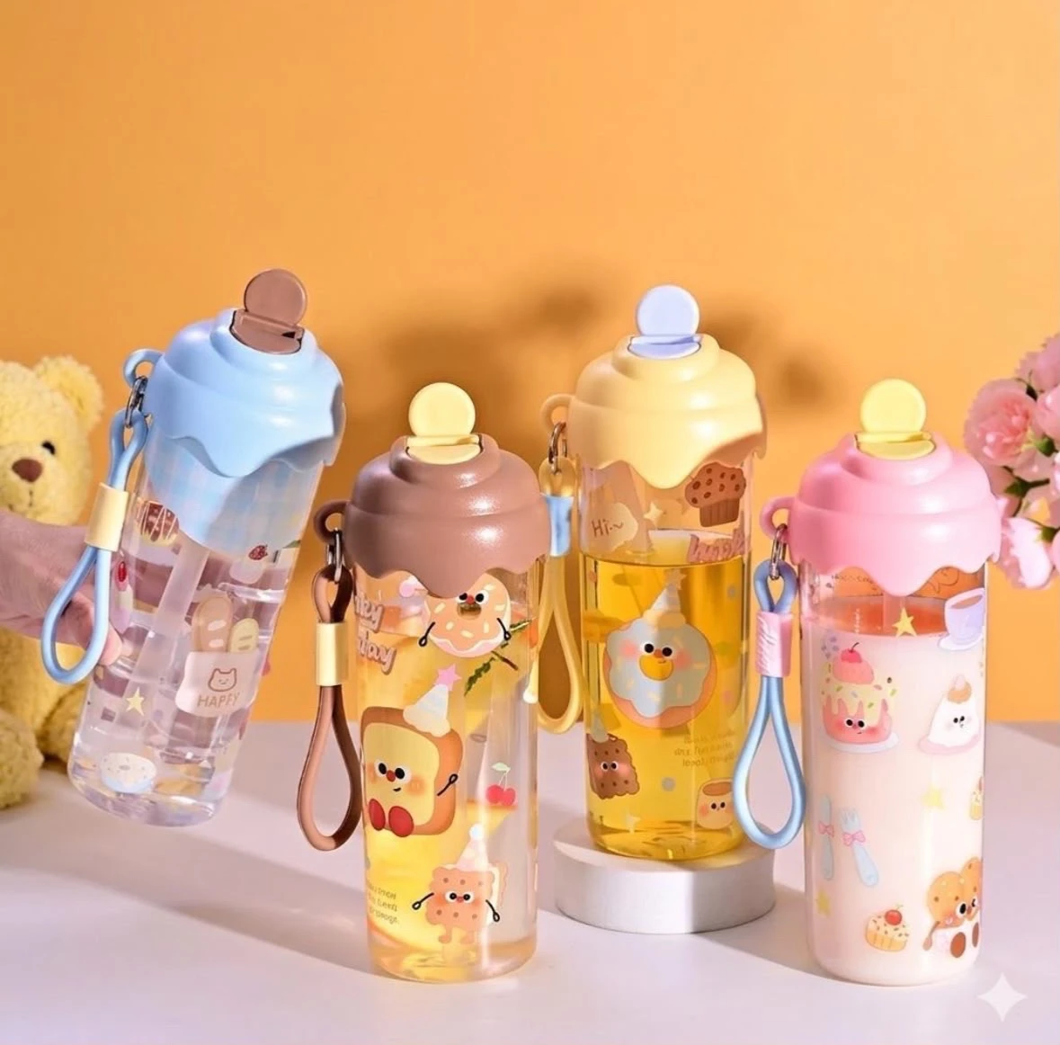 Cilindro Botella de Agua Kawaii Tapa Forma de Helado / Postre con Correa 750 ml 5