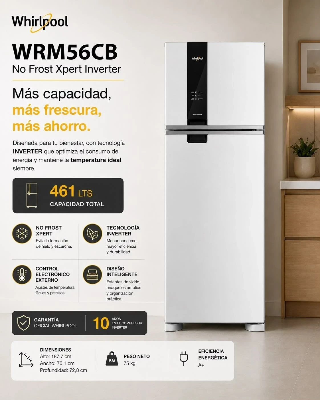 Heladera Whirlpool WRM56CB No Frost Xpert Inverter de 461 Lts*