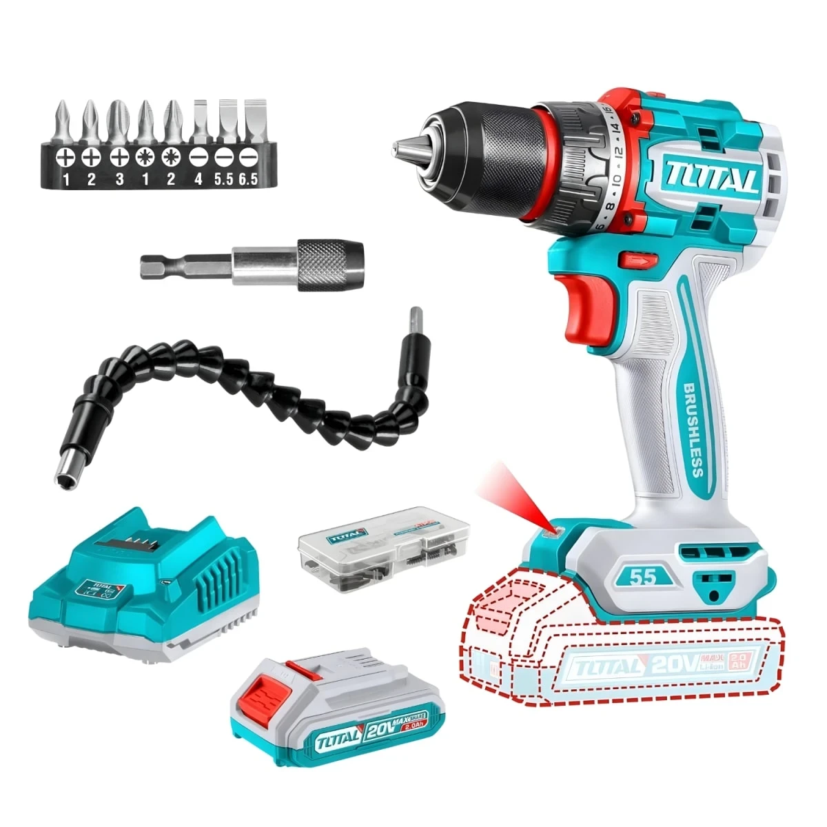 TDLI205582-TACSD3091-26095 Taladro atornillador 55nm + accesorios + bateria y cargador 20v total
