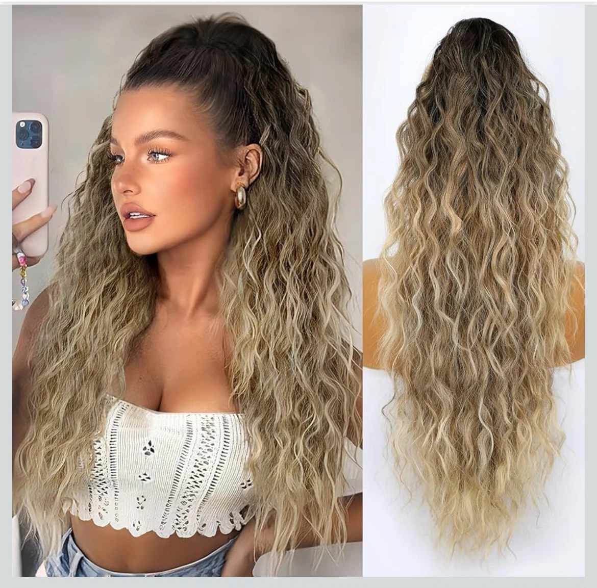 Extensión de coleta de cabello de garra, de 26 pulgadas, rizada con clip, 26” , suave, de aspecto natural, color raíz negra con rubio degradado