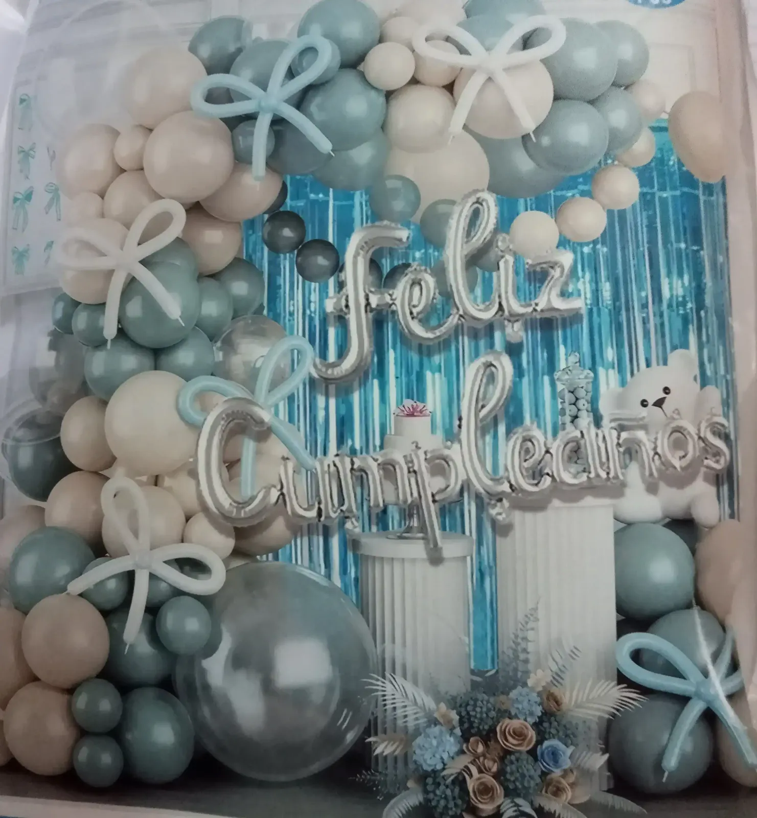 Set super guirnalda globo FC con cortina celeste 100 pcs celeste/ blanco/ plata