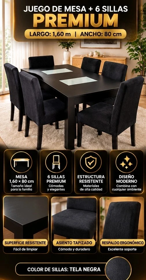 JUEGO DE MESA + 6 SILLAS PREMIUM NEGRO *CONSULTAR DISPONIBILIDAD CON EL VENDEDOR*