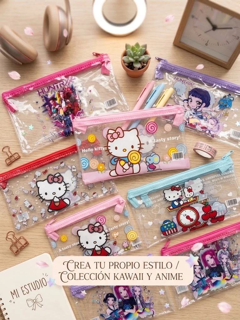 Paquete de 12 Lapiceras Transparentes de Personajes Variados – Hello Kitty, Spider-Man, K-Pop, Snoopy y Stitch ✏️✨