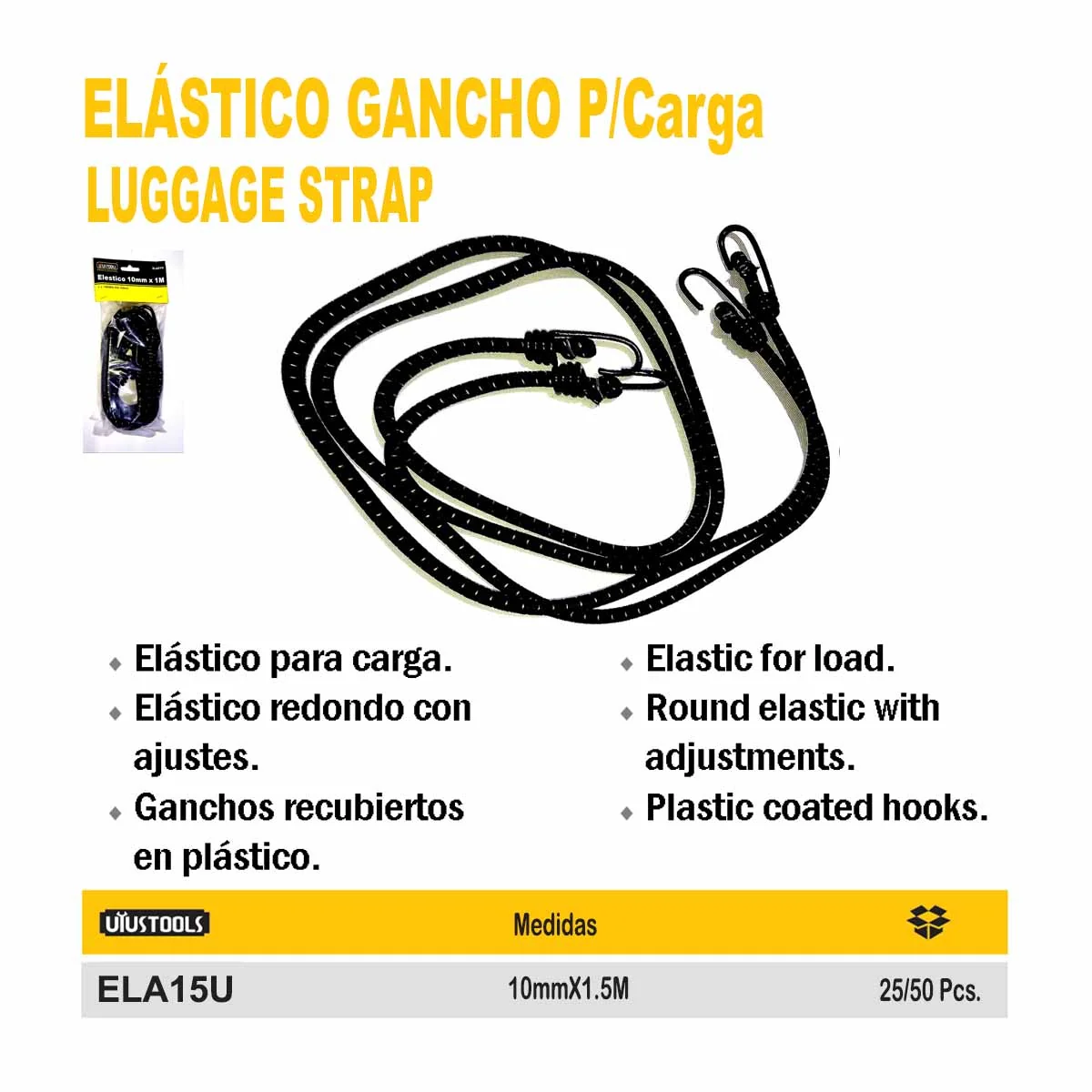 ELASTICO GANCHO P/Carga UYUST 10mm x 1.5M 