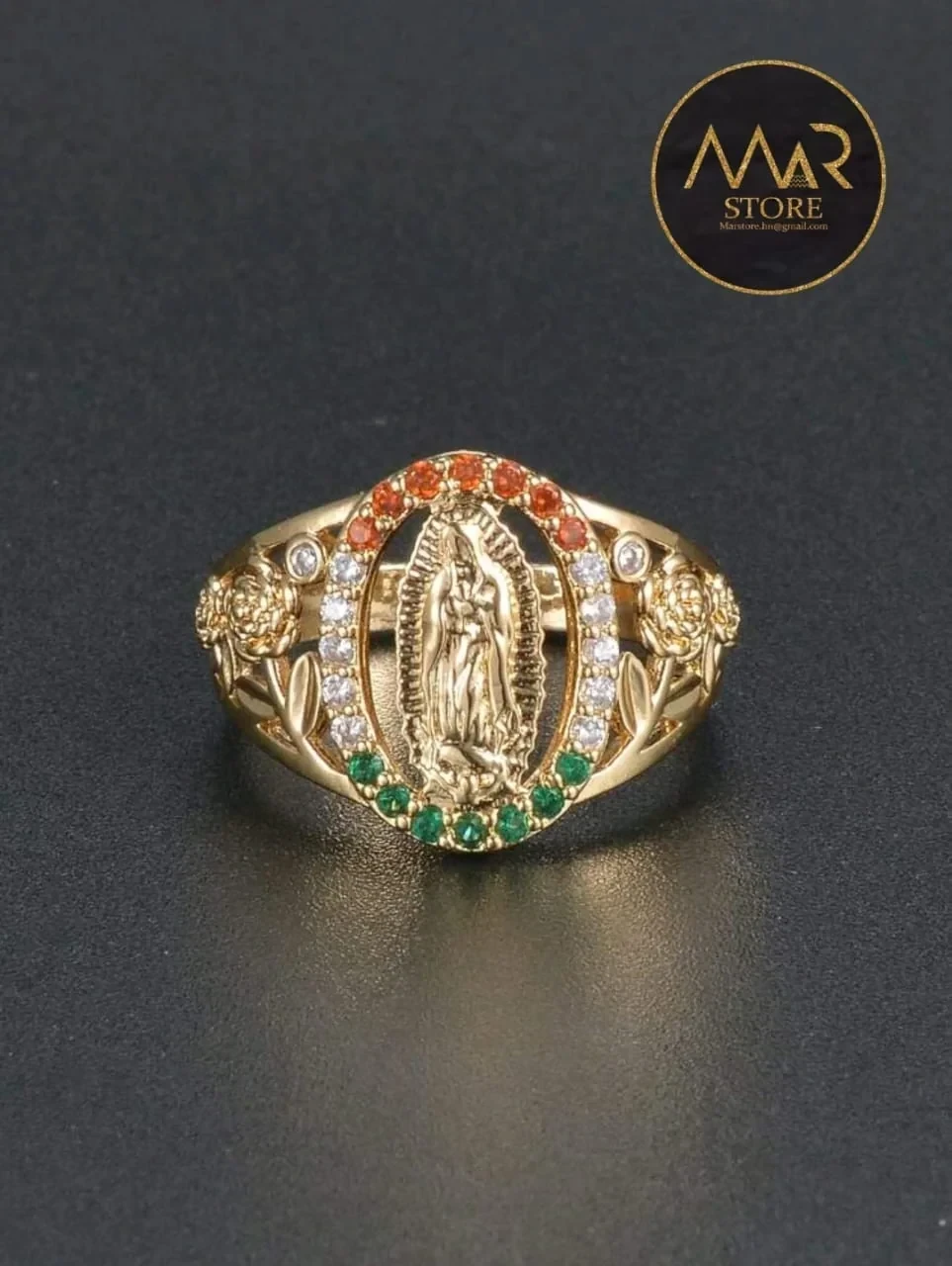 Anillo religioso enchape de oro sobre cobre y circonia 