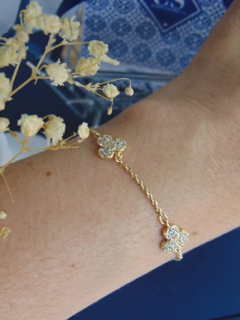 PULSERA RODIO DOR MEDIO TREBOL MICROCIRCONES 8MM | 16CM LARGO + EXTENSOR
