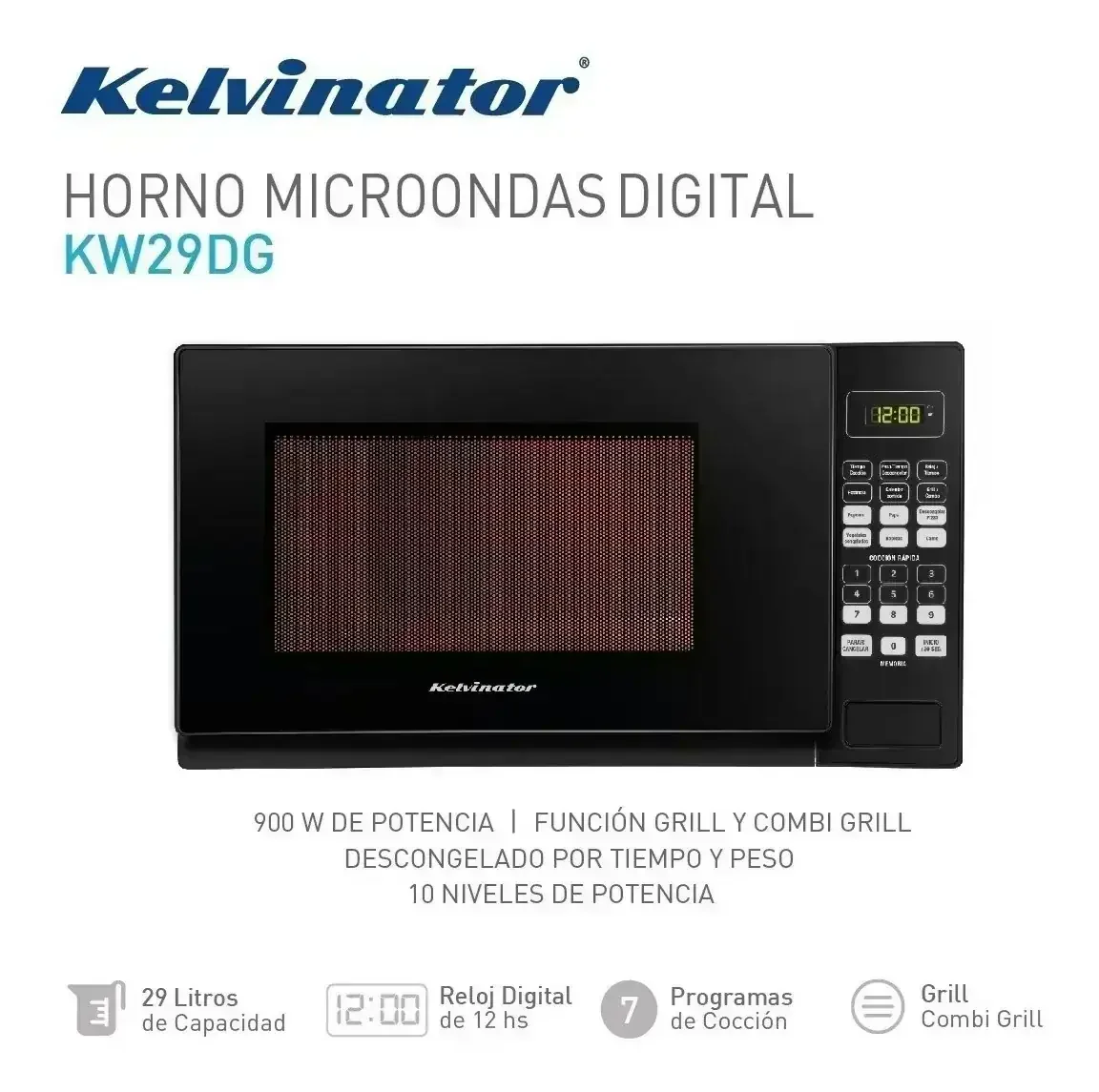 Microondas Grill Dig 29lts Kelvinator Kw29dg 900w 7 Niv Csi KW29 DIG