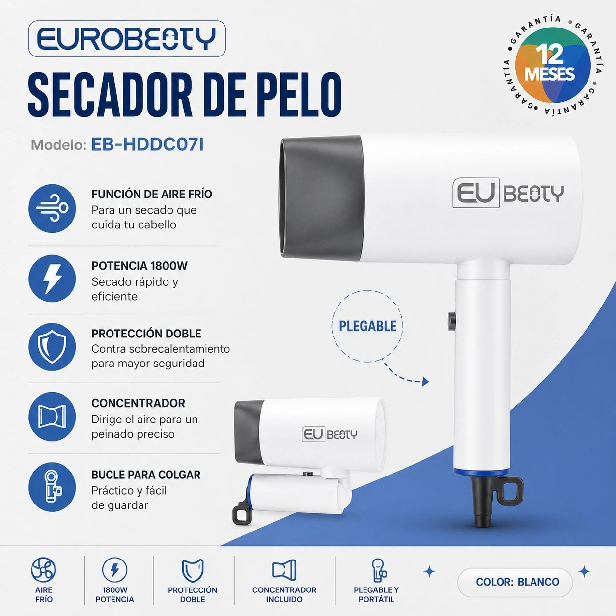 SECADOR DE PELO EUROBEAUTY EB-HDDC03I - BLANCO