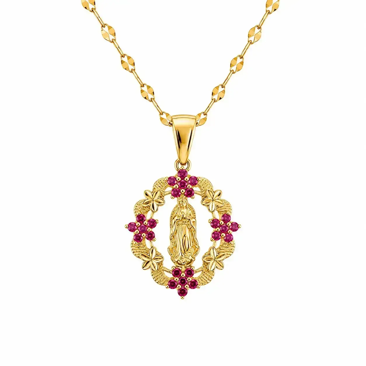 Cadena Y Dije En Acero Con Piedra Circon De Virgen Flores Fucsias