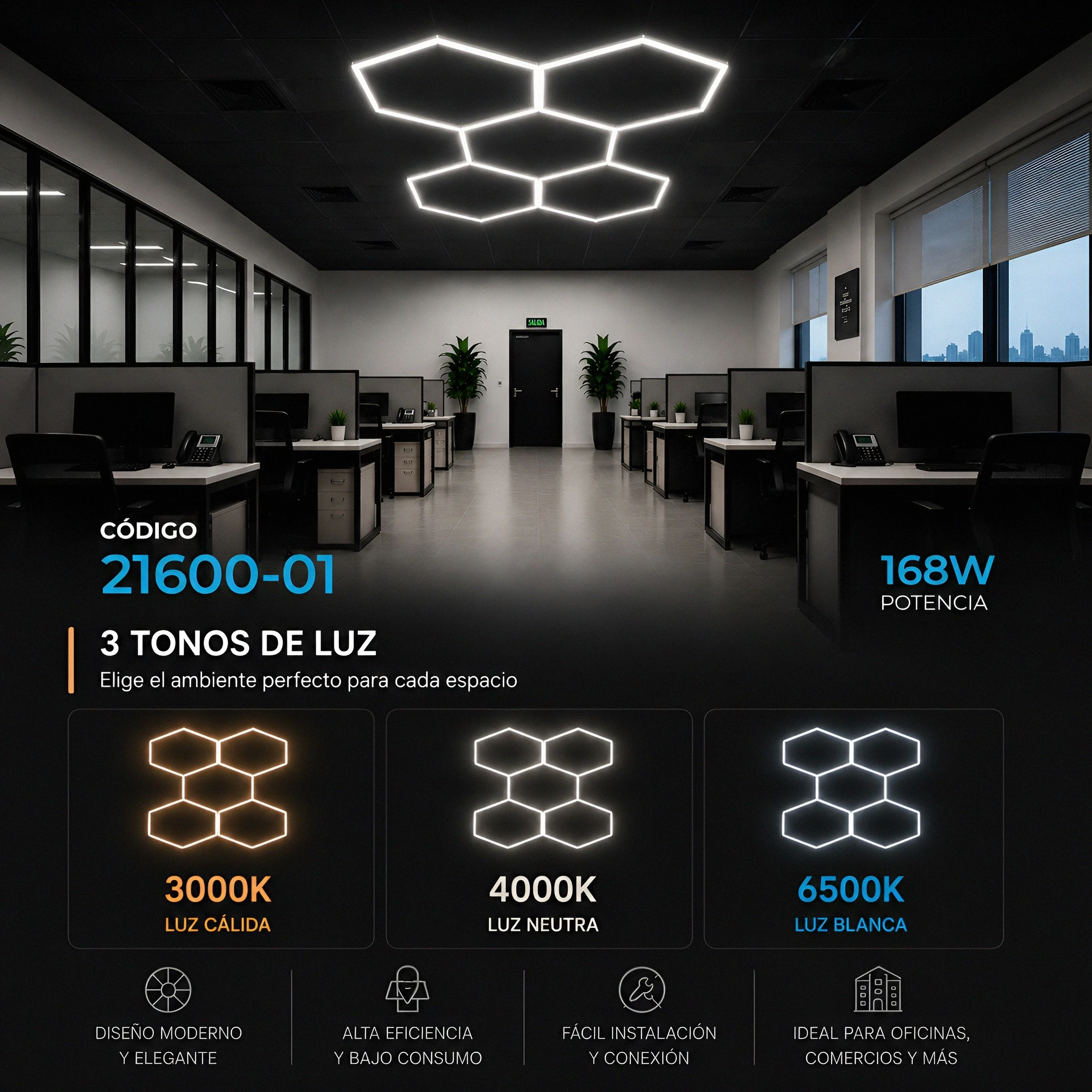 LUMINARIA LED 5 HEXAGONOS CCT 3000K 4000K 6500K 168W