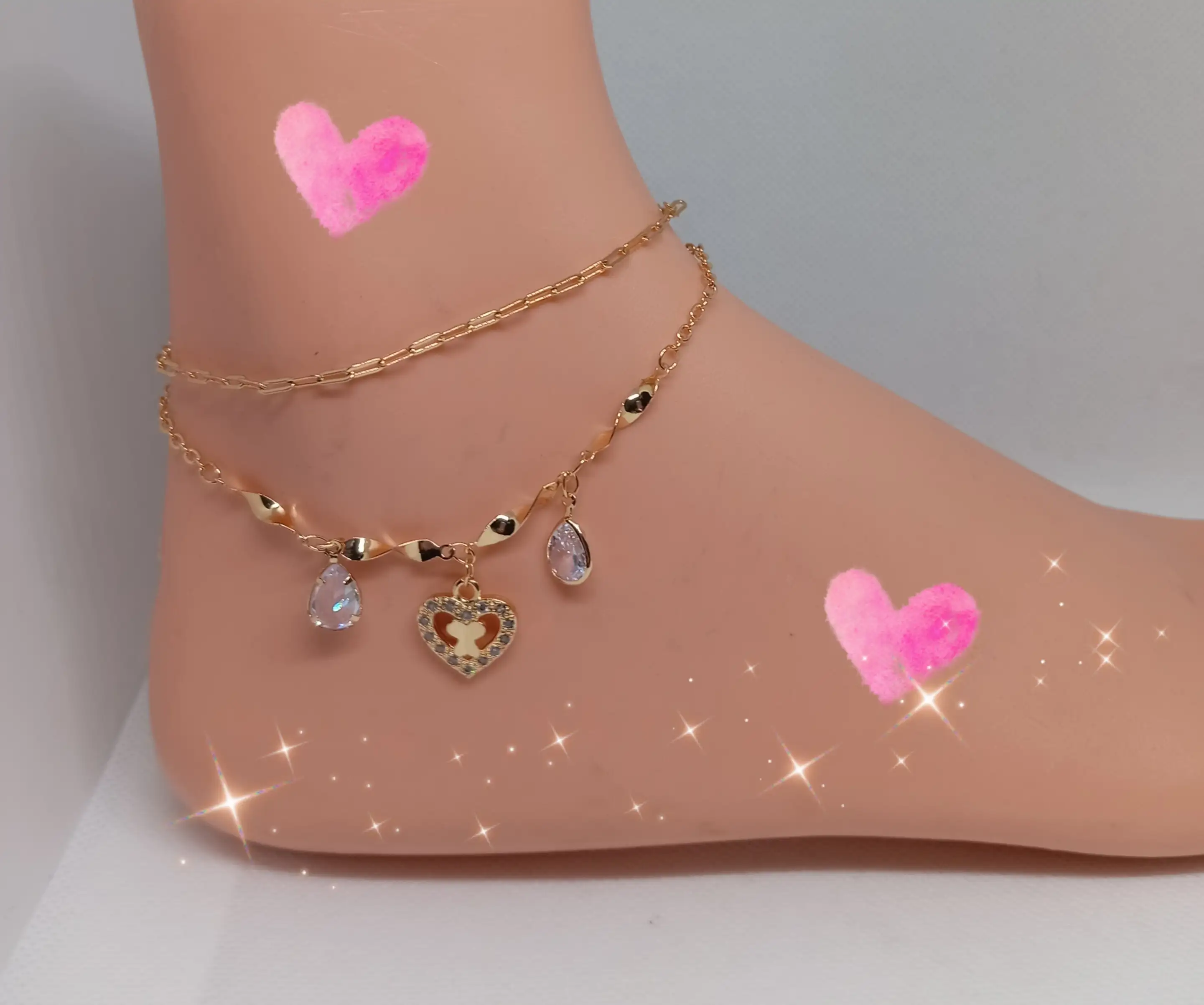 Tobillera de corazón y dos piedras cristal