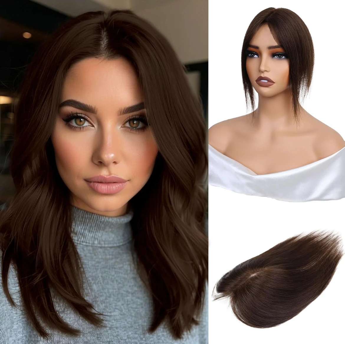 Toppers de cabello humano real para mujer, 10 pulgadas, 1.06 oz, castaño medio, para mujer, 150% de densidad, base de seda, parte media, clip en piezas, cabello lacio para cabello fino