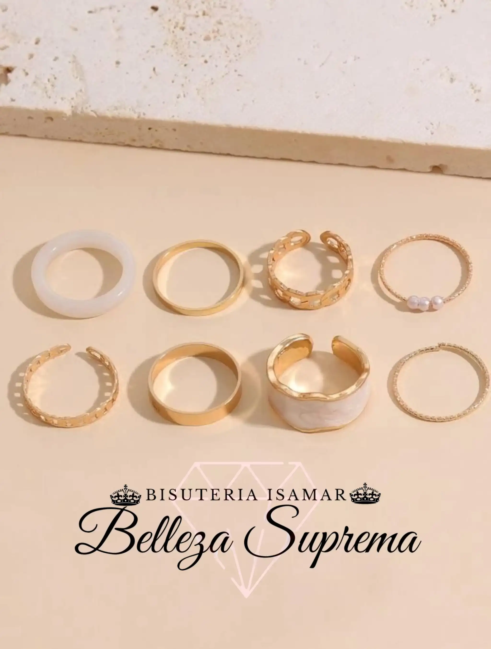 SET DE ANILLOS DORADOS PERLAS PLÁSTICO POLVO DE HADA 8